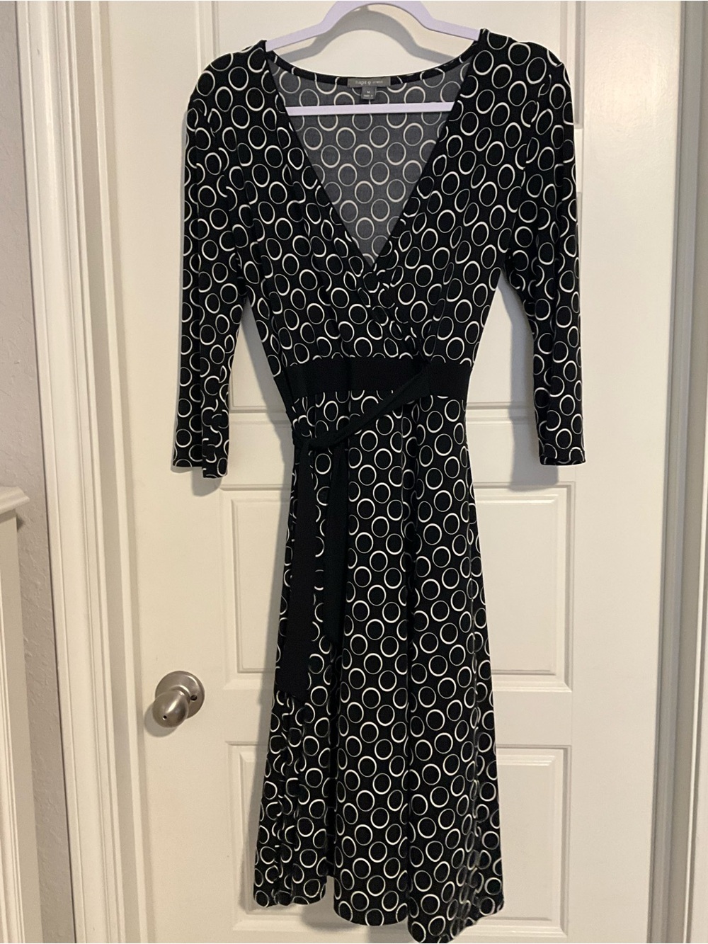 Apt. 9 Medium Faux Wrap Dress Black White Geometric Print Tie Waist